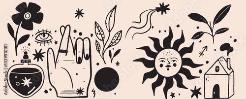 Hand-drawn vintage mystical and magic symbols illustration