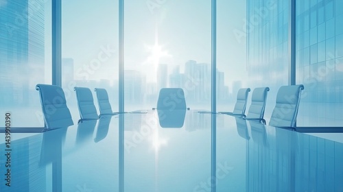 Serene boardroom with a reflective table overlooking an urban skyline