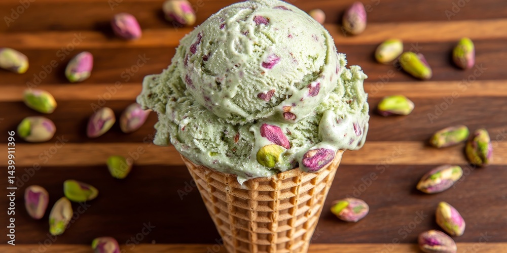 Refreshing Pistachio Ice Cream Scoop in Waffle Cone with Scattered Nuts, Gourmet Dessert