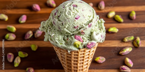 Obraz na płótnie Refreshing Pistachio Ice Cream Scoop in Waffle Cone with Scattered Nuts, Gourmet Dessert w salonie