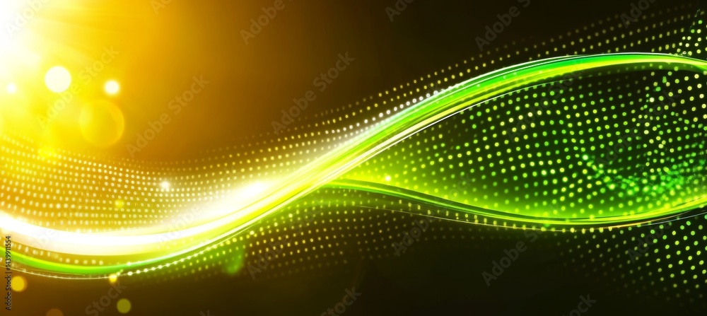 Abstract Green and Yellow Digital Wave of Binary Data on Black Background. Technology Banner
