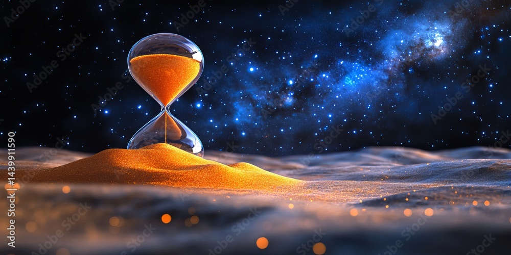 Hourglass with Orange Sand Against a Starry Night Sky, Concept of Time, Universe, and Galaxy