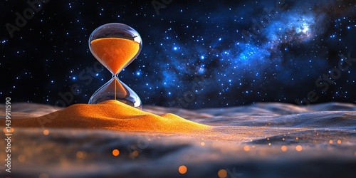 Obraz na płótnie Hourglass with Orange Sand Against a Starry Night Sky, Concept of Time, Universe, and Galaxy w salonie