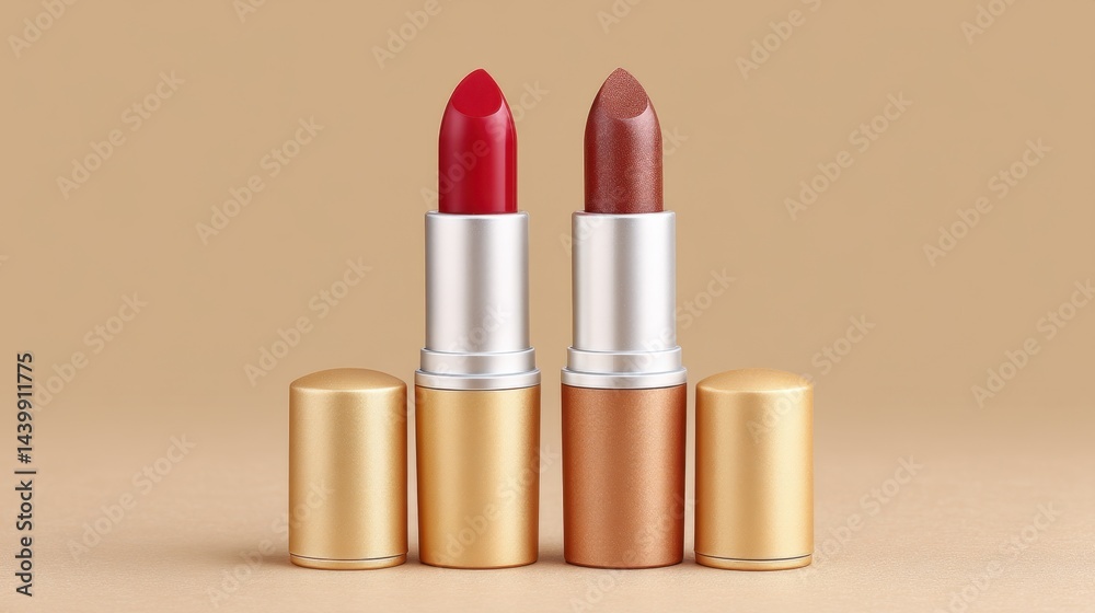 Obraz premium Three lipsticks in various shades on a beige background with close-up of red and shimmery bronze lipsticks