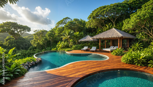 Secluded sustainable island resort featuring elegant curvy pools and eco-friendly bungalows surrounded by lush tropical forest, representing luxury green living, relaxation, nature immersion and consc
