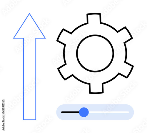 Gear, slider with blue knob, and upward arrow signifying improvement, system tuning, and growth. Ideal for settings, functionality, progress, technology innovation efficiency simple landing page