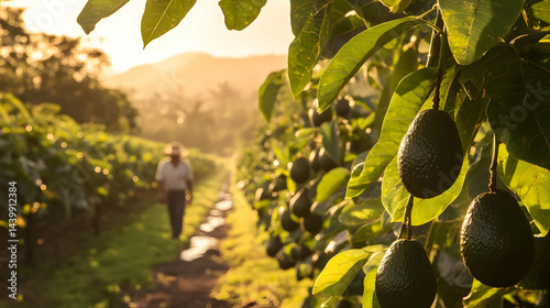 Golden Hour in the Avocado Orchard: A picturesque view of ripe avocados ready for harvest