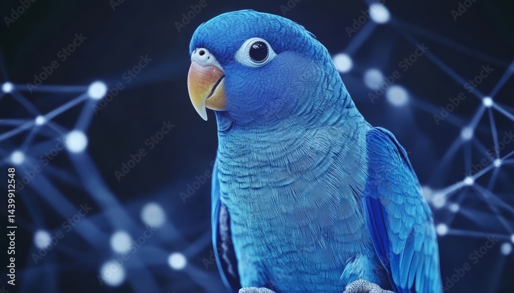 Blue Parrot on Digital Network Background Artificial Intelligence, Connection, Future Tech Concept