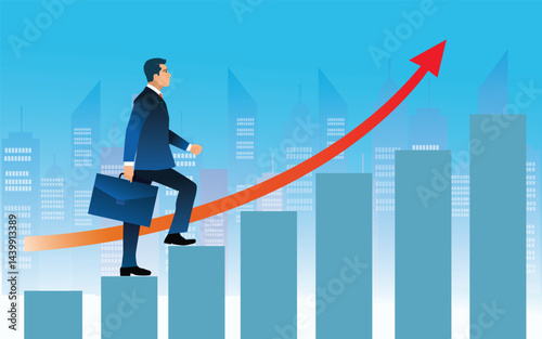 Financial growth concept with businessman climbing abstract concrete business chart bars with red upward arrow on city background. vector,illustration
