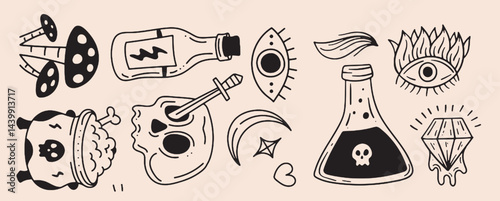 Hand-drawn vintage mystical and magic symbols illustration