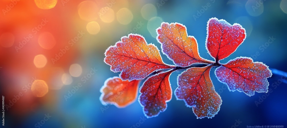 Vibrant Colors of Autumn Close-Up of Frost-Covered Oak Leaves on a Sunny Day, No Filters