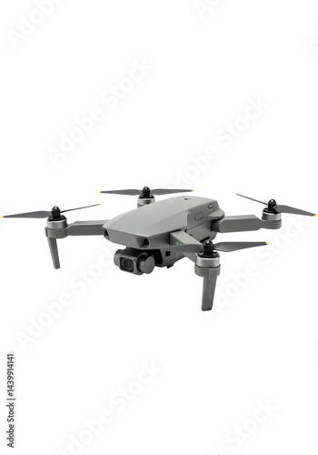 A light gray colored drone with a camera and propellers against a plain background is pictured here on transparent background