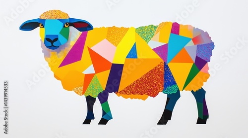 Vibrant geometric sheep displaying patterned wool against crisp white surface