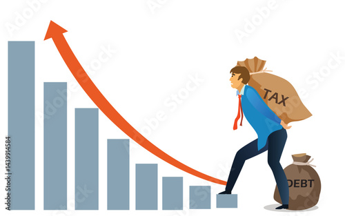 Crisis of high burden of consumer tax and debt, : Client bears a bag of tax, Debtor has difficult problem of bad debt and plan to pay back to lender or creditor.financial concept .,i8llustration