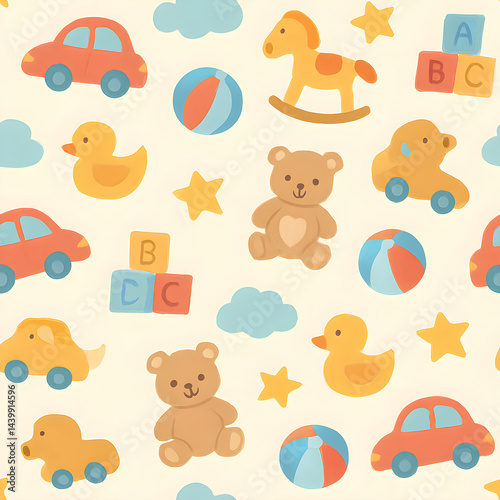 Seamless Children’s Pattern with Cute Animals, Toys, and Stars on Light Beige Background