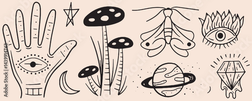 Hand-drawn vintage mystical and magic symbols illustration