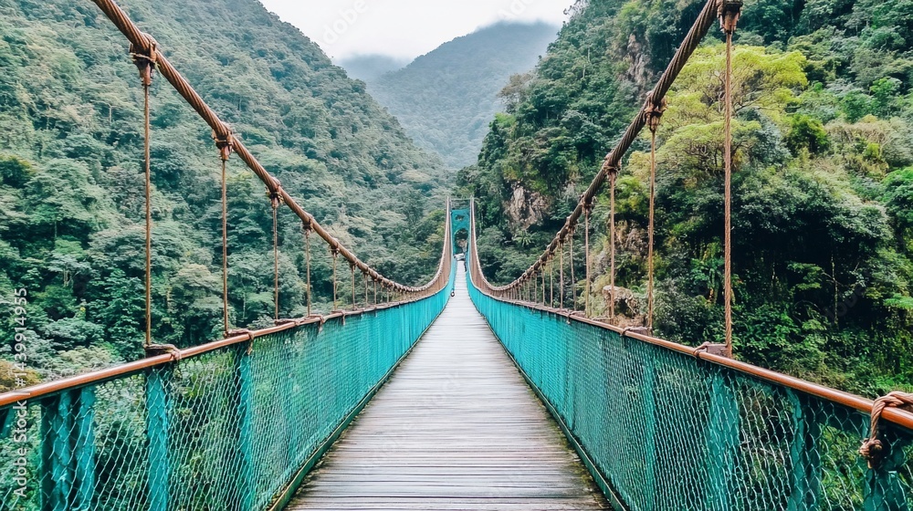 Obraz premium Suspension bridge crossing a lush green valley