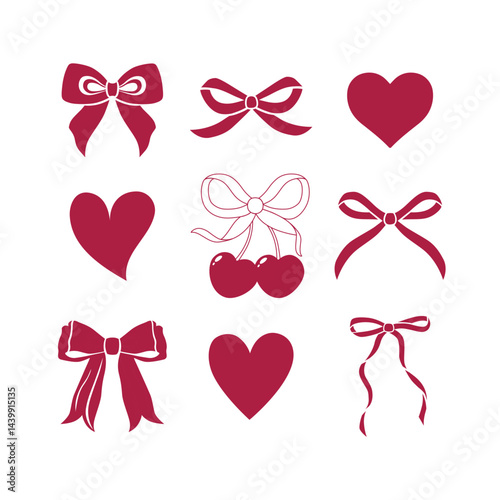 Red cherry with scarlet gift bow coquette. Vector Illustration set of vintage bows, hearts, tasty rose cherries. Cute trendy stickers. Pretty ribbons set. Trendy cozy decoration. Maroon berries