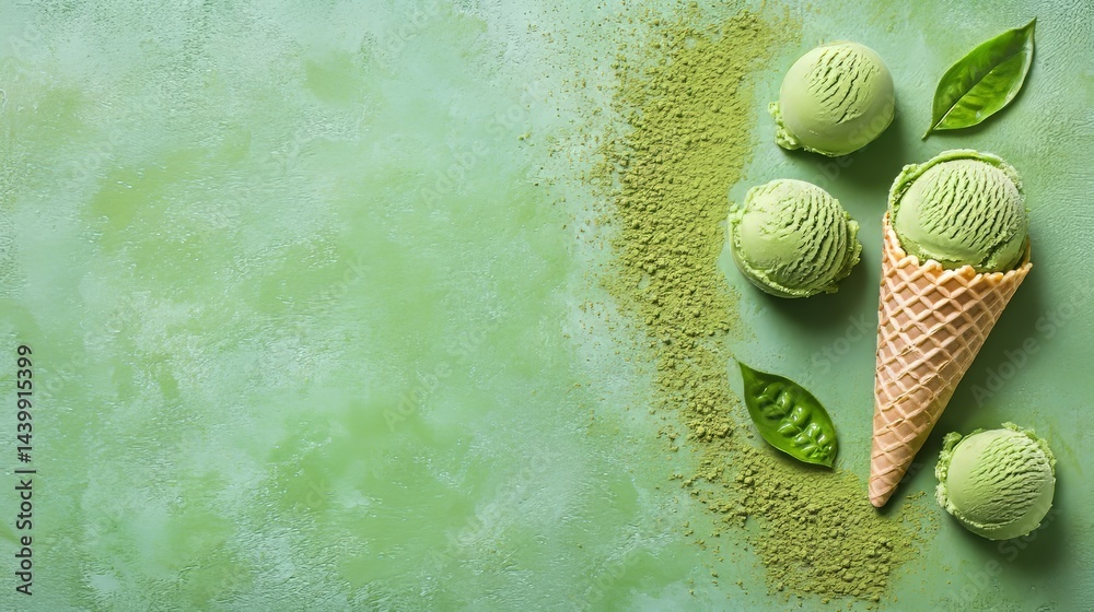 Green Tea Ice Cream Scoops and Waffle Cone on Green Background with Matcha Powder, Food Photography