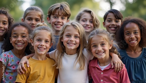 Happy children posing for a group photo in vibrant outfits, joyfulness