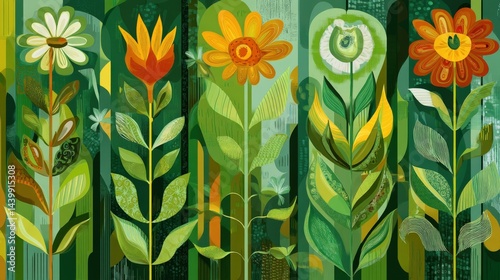 Vibrant Abstract Floral Design with Varied Green Background