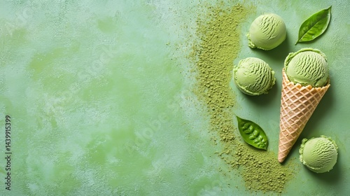 Obraz na płótnie Green Tea Ice Cream Scoops and Waffle Cone on Green Background with Matcha Powder, Food Photography w salonie