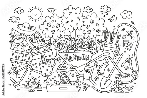 Coloring page on the theme of gardening. Garden items and plants.
