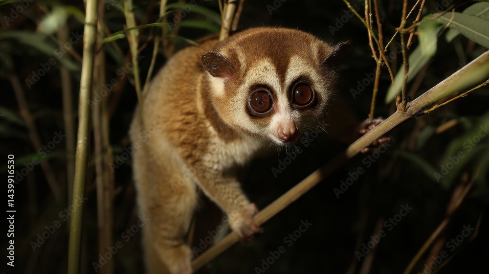Obraz premium Slow Loris Stare: Nocturnal Primate in the Jungle