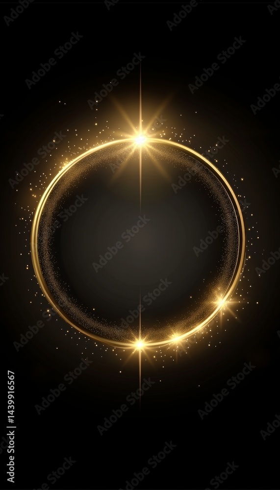 Gold Glitter Light Circle, Sparkle, And Gray Spark Particles Frame On Black Background