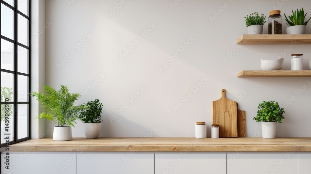 Fototapeta premium Modern minimalist kitchen with wooden countertop and houseplants