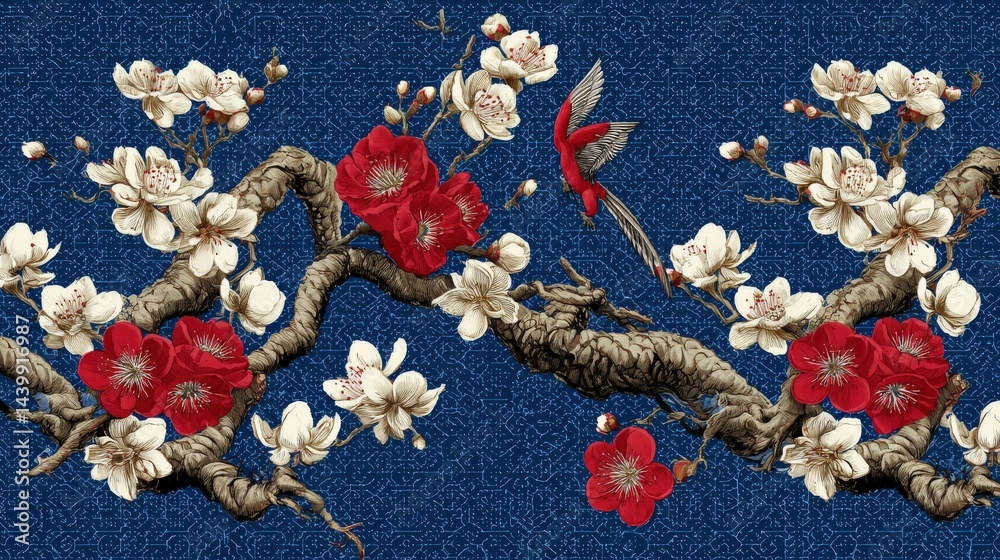 Vibrant Cherry Blossom and Bird Illustration on Dark Blue Background