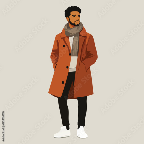 ai1745821333127_32.epsA fashionable young man standing confidently with hands in pockets. He is dressed in a brown overcoat, scarf, white sweater, black pants, and white sneakers. The illustration sho