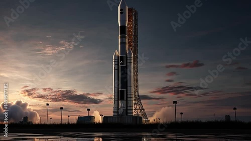 A towering rocket poised for launch at sunset, surrounded by a serene landscape and clouds
