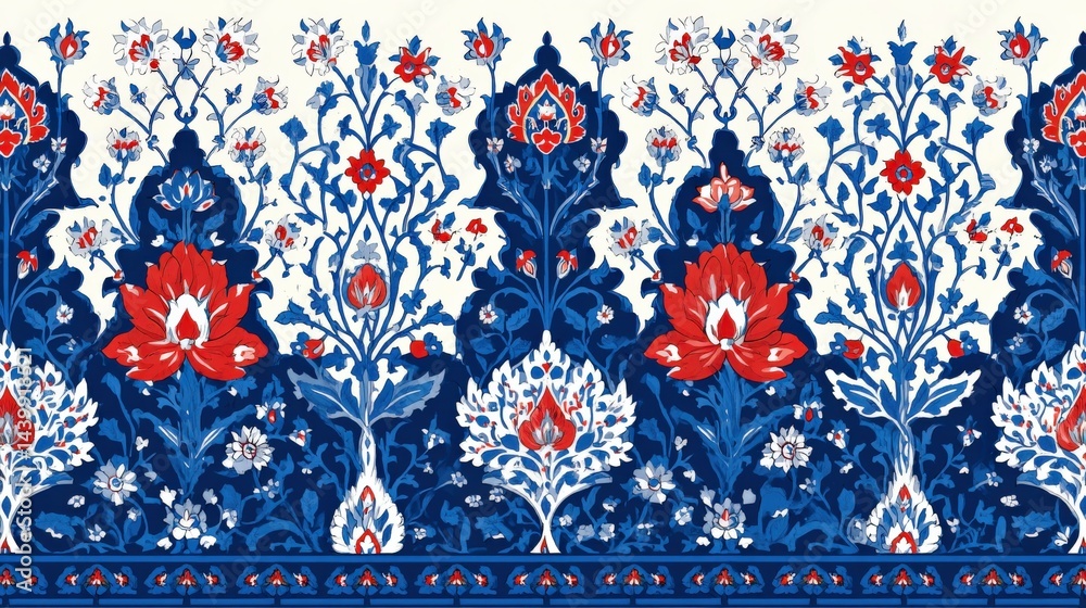 Vibrant Floral Pattern with Red and Blue Ornamental Design Elements