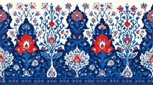 Obraz na płótnie Vibrant Floral Pattern with Red and Blue Ornamental Design Elements w salonie