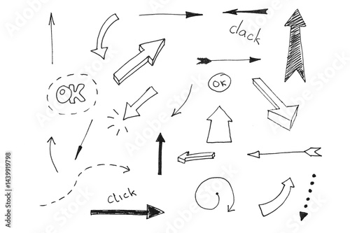 Arrow set hand draw pencil collection for design navigation, vector of move and point location