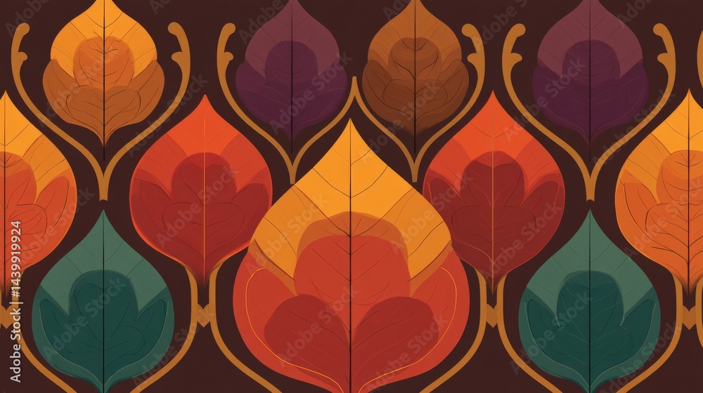 Vibrant Leaf Patterns in Warm Colors on a Dark Background