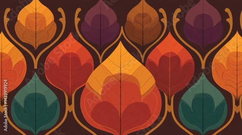 Obraz na płótnie Vibrant Leaf Patterns in Warm Colors on a Dark Background w salonie