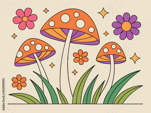 Groovy Mushrooms and Flower Art: Retro Psychedelic Nature Vector Design.