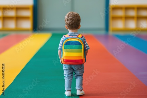 Small child stepping into colorful classroom symbolizing growth and early education