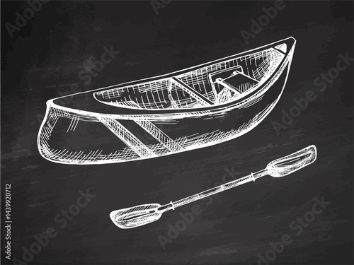 Hand drawn vintage sketch of wooden canoe and paddle in white chalk style on chalkboard background