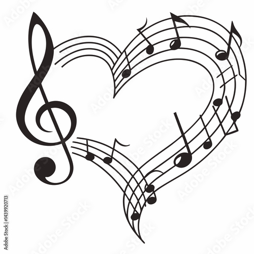 A minimalist heart-shaped design formed by music notes, featuring treble and bass clefs on a clean white background—perfect for music-themed creative projects.