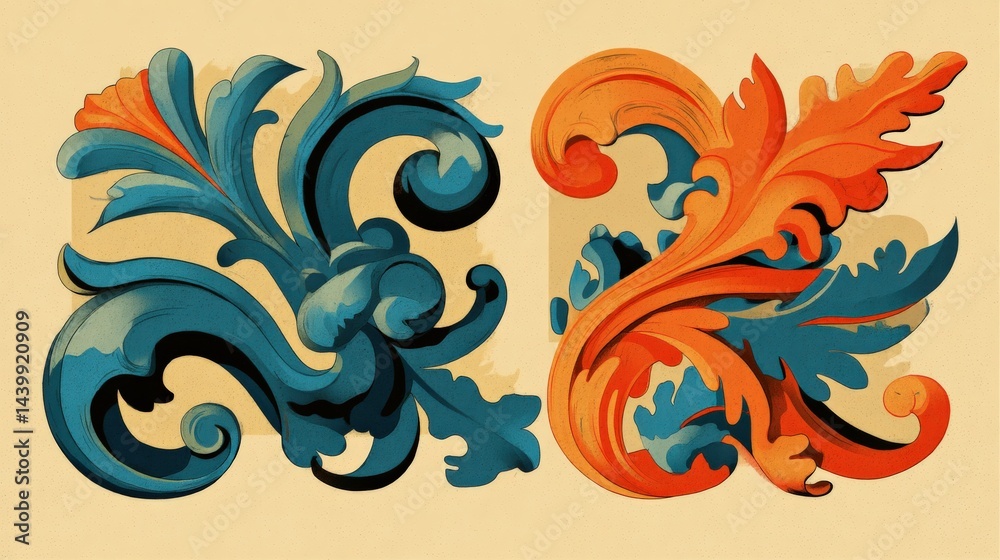 Vibrant Ornamental Swirls in Blue and Orange Color Palette
