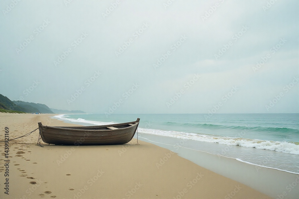 Naklejka premium Weathered wooden boat on sandy beach at dawn or dusk