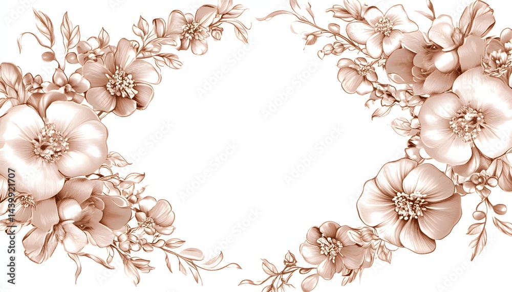 Beautiful botanical floral arrangement depicting blossoms and elegant leaves framing space