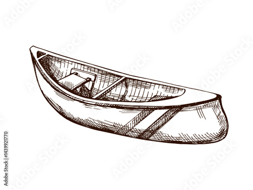 Hand drawn vintage sketch of wooden canoe boat for kayaking, rafting and fishing adventures isolated
