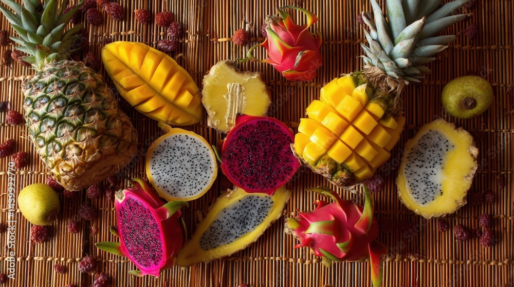 Vibrant Tropical Fruits Display on Bamboo Mat for Creative Use