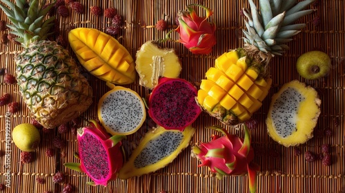 Obraz na płótnie Vibrant Tropical Fruits Display on Bamboo Mat for Creative Use w salonie