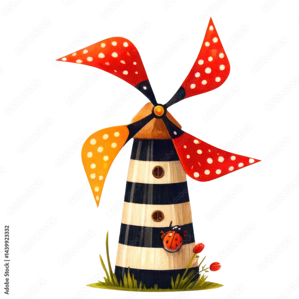 Whimsical Windmill with Colorful Blades and Ladybug Sitting on Grass for Playful and Cheerful Illustration
