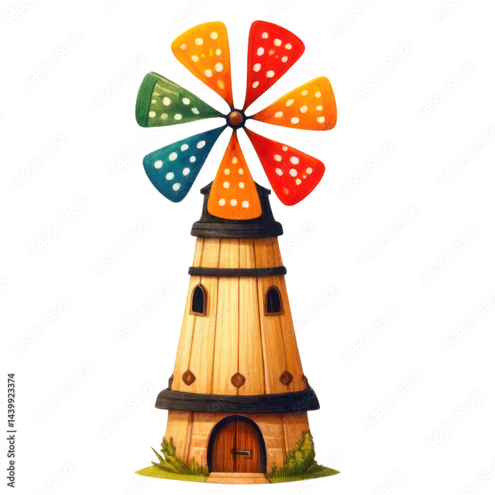 Colorful Windmill with Vibrant Blades Surrounded by Nature in a Whimsical Style, Perfect for Illustrations and Child-Friendly Designs